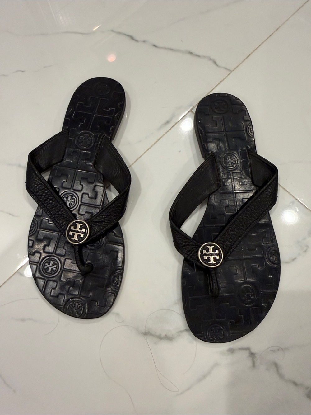 Tory Burch Black Leather Logo Thong Sandals